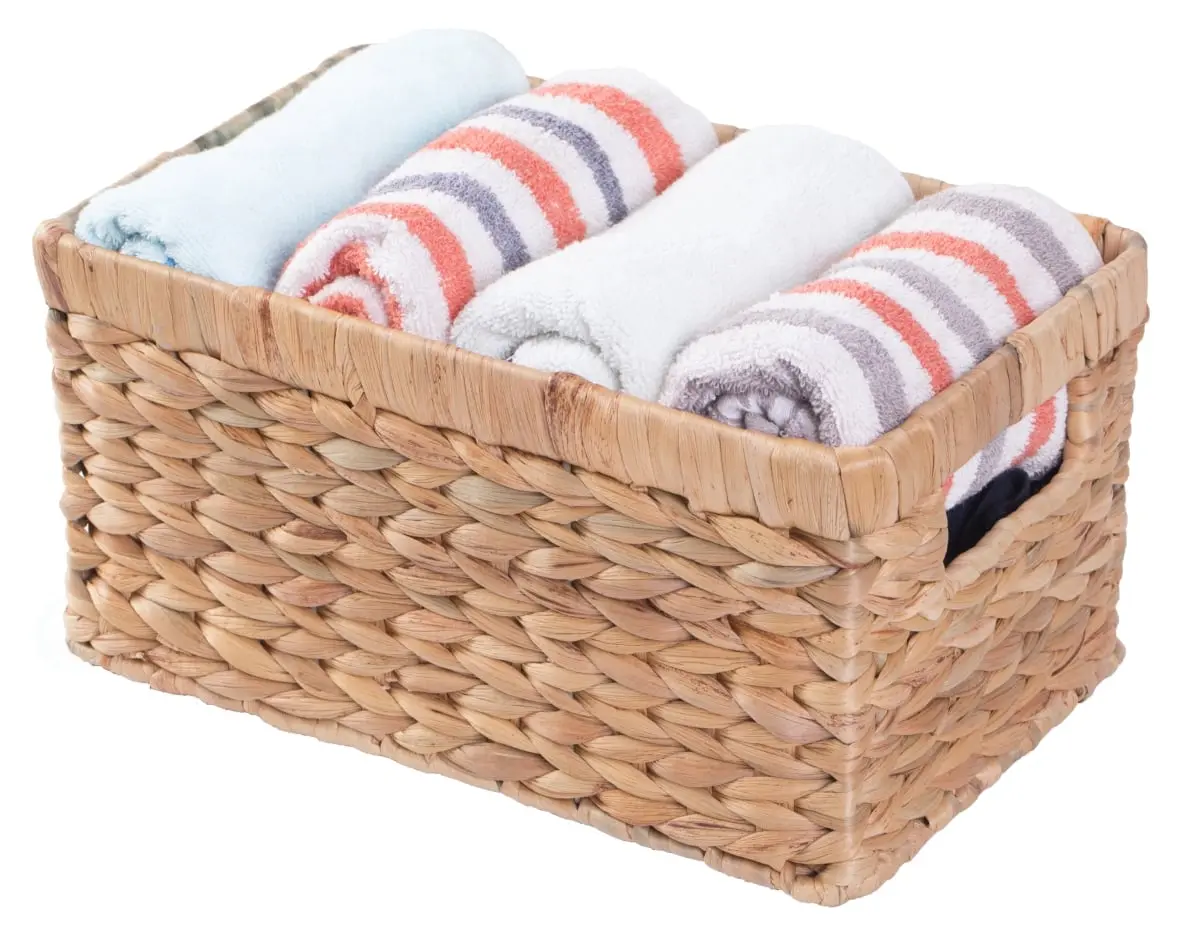 212 MAIN Small Natural Woven Water Hyacinth Wicker Rectangular Storage Bin Basket with Cutout Handles, 6x12x7.5in Brown - Home Organiser for Closet Use, Decorative with Rustic Charm