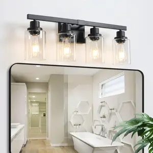 24" Modern Black 4-Light Bathroom Vanity Light Fixture, Industrial Wall Sconce with Clear Glass Shades for Mior, Bathroom, Bedroom, and Hallway (No Bulbs)