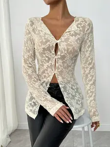 Soft Elegant Sheer Lace Embroidered Button-Up Blouse Vintage Chic Allure Sheer Lace Open-Front Top Ins Relaxed Gentle Vibe Sheer Lace Button-Up Top Womenswear