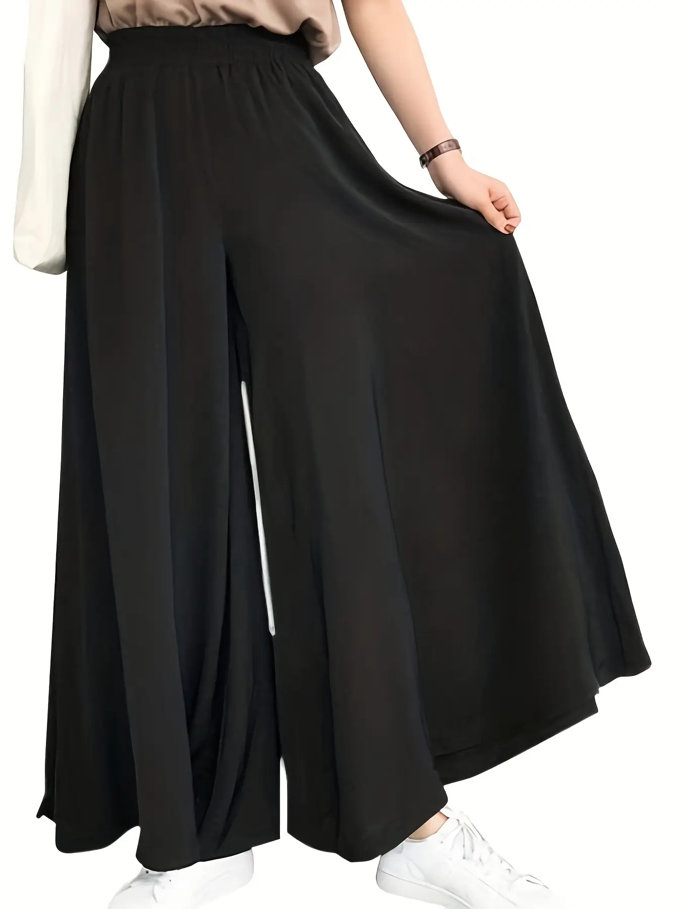Plus Size Women's Casual Wide-Leg Pants with Elastic Waist & Smocking Detail - Solid Color Non-Stretch Fabric, Middle Eastern-Inspired Design for All-Season Versatile Wear