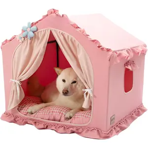 Indoor Dog House with Frame, Cute Dog Tent Bed with Cover Cave, Breathable, Washable, Foldable House, Suitable for 20-40 lbs, Large Size ( 25inch*25inch * 25inch ), Pink cat