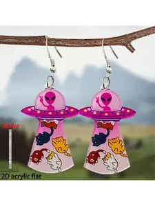2D acrylic flat funny alien cat UFO shape, cartoon Y-shaped creative spaceship hook earrings