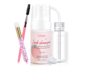 EMEDA Lash Shampoo Kit - 3.38 fl.oz / 100ml Gentle Foam Lash Cleanser, Oil-Free Cleaning for Wash Extension/Natural Eyelash Bath with Rinse Bottle Brush (Strawberries)