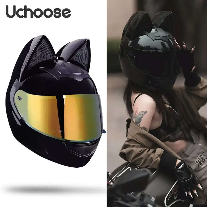 cat ears motorcycle helmet with bluetooth Girl Women Ear Helmet DOT Certified Full Face Motorbike Helmet Four Season Flip-Up Helmets Visor for Street Bike Cute Cat Ear Motorcycle Bluetooth