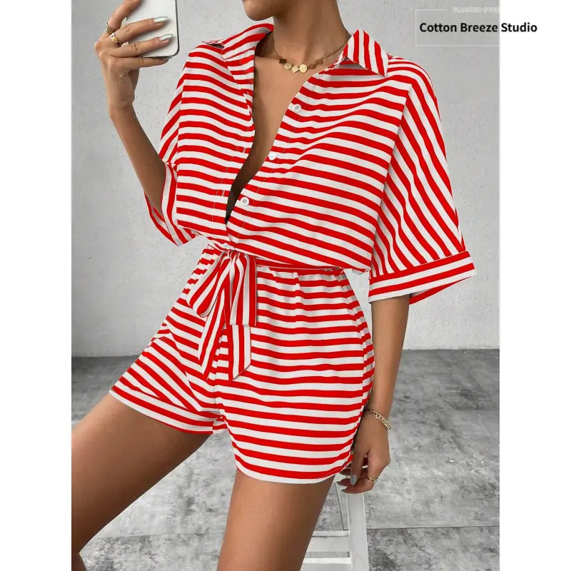 Women's Striped Knit 2-Piece Set - Fitted Collared Button-Front Cardigan, Belted Shorts, Casual Street Clothes, Women's Clothes