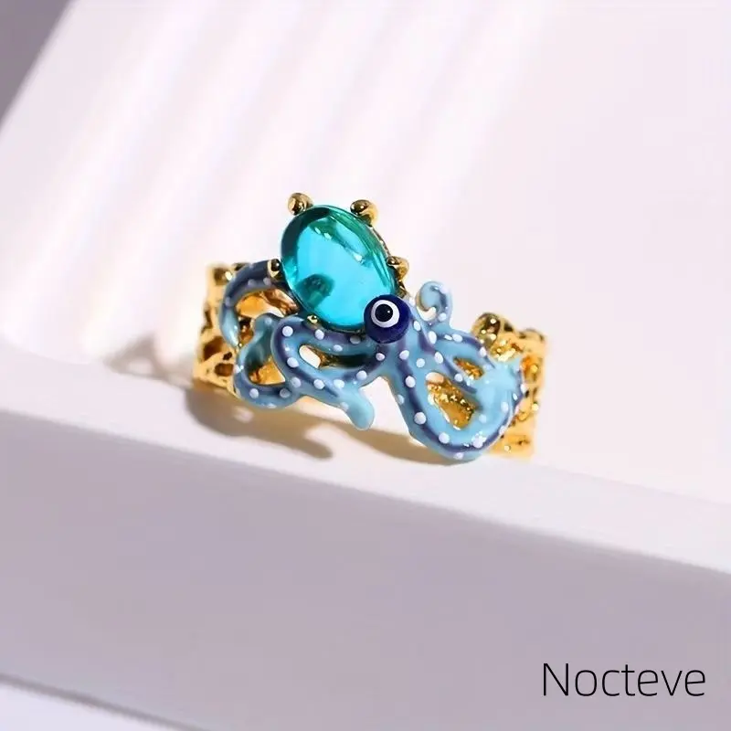 Multicolor Octopus Open Index Ring & Pearl Octopus Stud Earrings, Niche Ocean Marine Creature Jewelry for Beach Summer Daily Wear