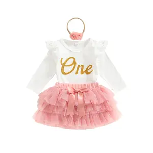 Infant Girl Long Sleeve Romper Skirt Hairband, Letter Print Lace Mesh Patchwork Holiday Clothing Clothes Sets