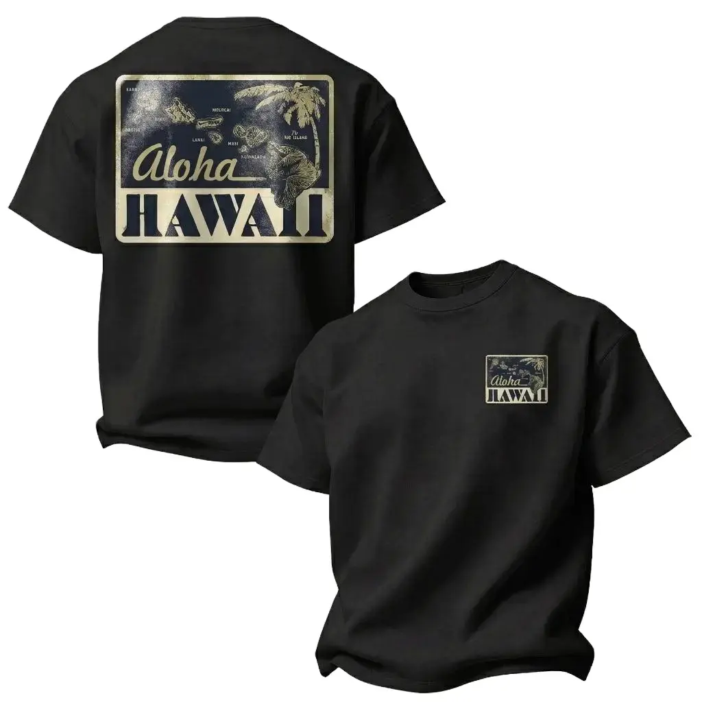 Vintage Aloha Hawaii Map Printed Oversized Unisex T-shirt, Crewneck Streetwear Man Menswear Casual Biker Shortsleeve Classic