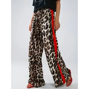 Women'S Plus Size Leopard Print Wide-Leg Pants - Casual Loose Fit with Contrast Stripe, Non-Stretch Fabric, All-Season Comfort, Plus Size Pants