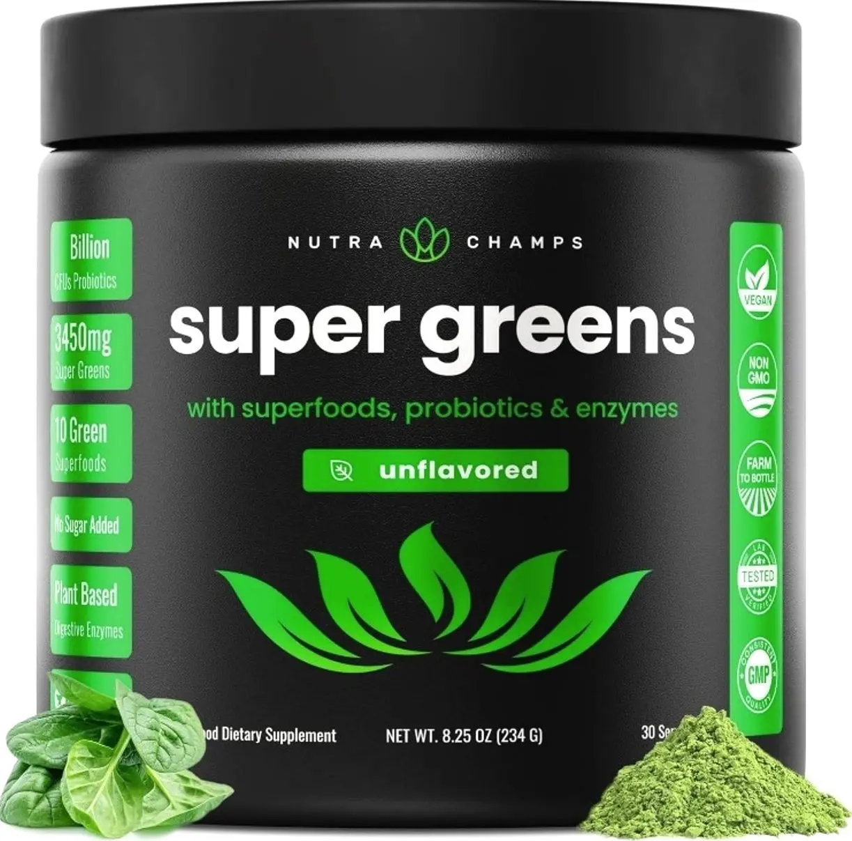 NutraChamps Super Greens Powder Premium Superfood | 20+ Organic Green Veggie Whole Foods | Wheat Grass, Spirulina, Chlorella | Antioxidant, Digestive Enzyme & Probiotic Blends (9.0 Oz, Unflavored)