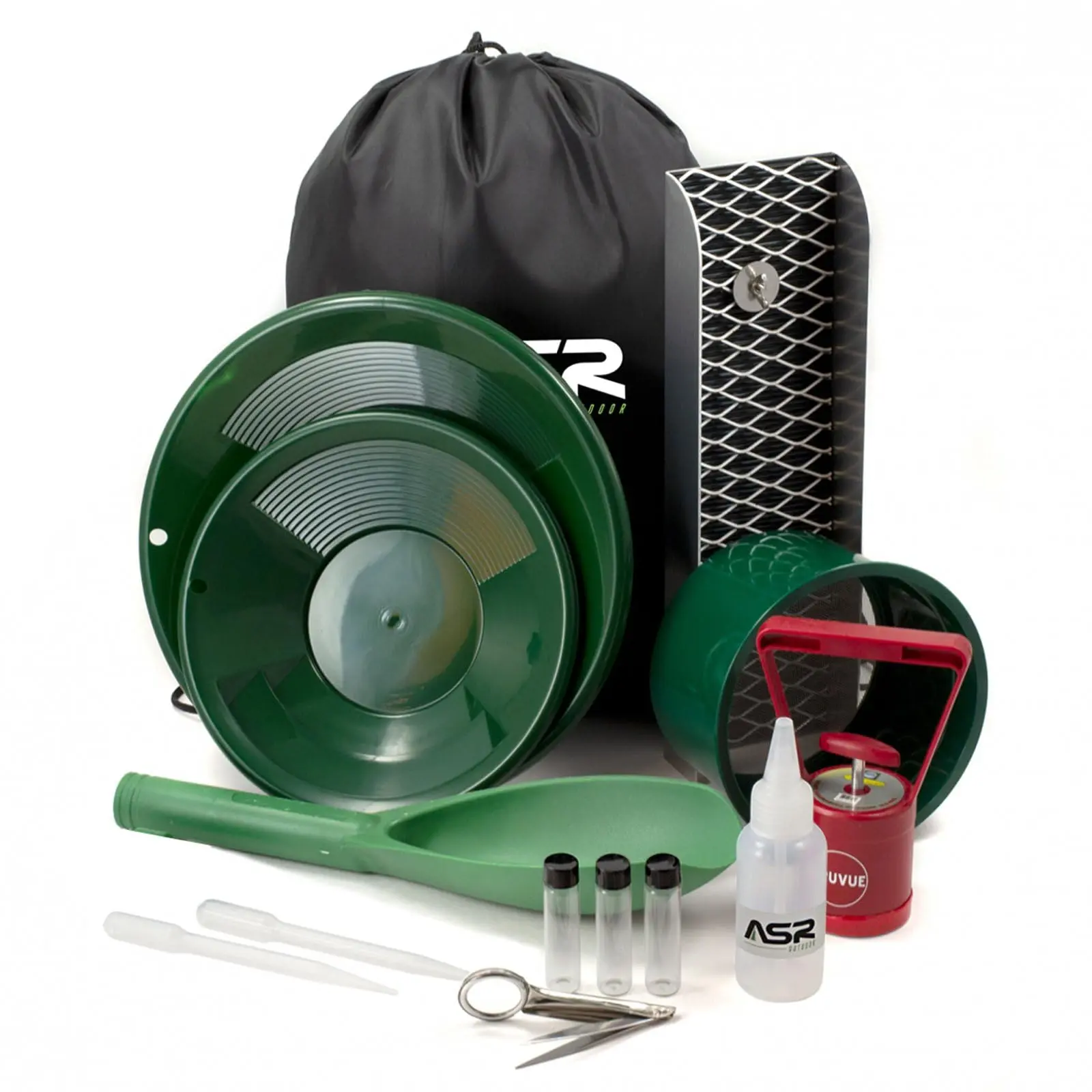 ASR Outdoor Lightweight Backpack Gold Panning Kit with Mini Aluminum Sluice Box, 14pc Prospecting Kit with Snifter Bottle