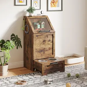 Flip Top Dog Food Storage Cabinet,with 2 Removable Stainless Steel Bowls,3 Hooks, Hidden Design,Large Capacity Dog Food Storage Cabinet,Pet Toy Storage Organizer,Brown