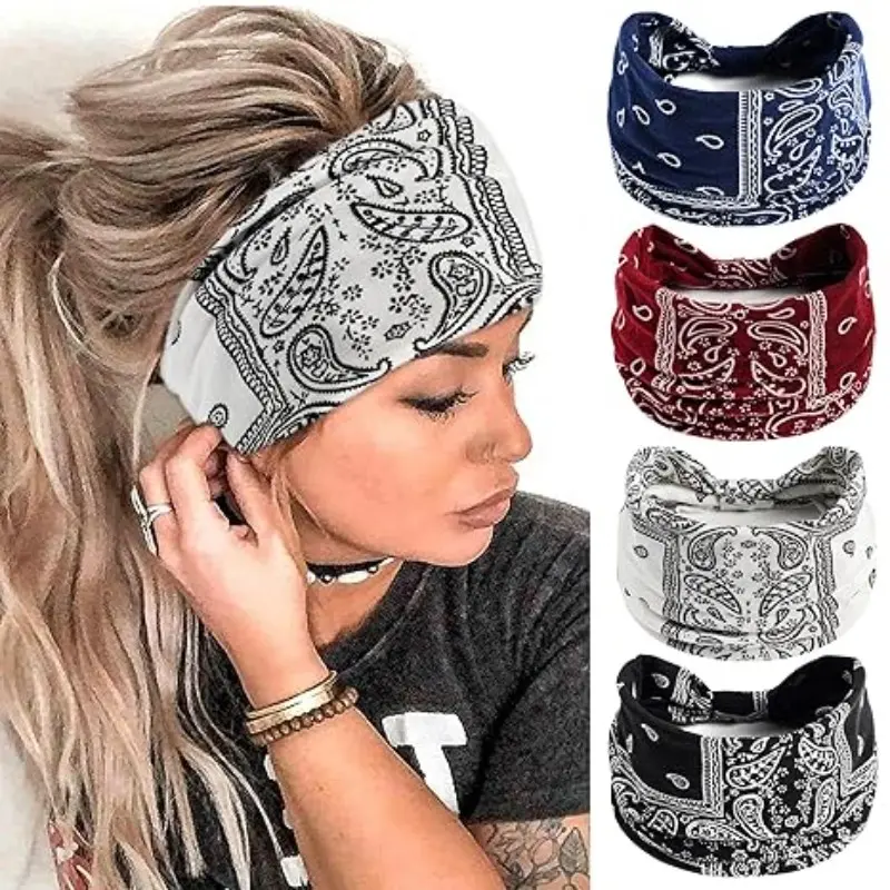 Women's Boho Wide Headbands Set of 4, Paisley Printed Towel Style, Anti-Slip Knot Design, Elastic Sports Gym Scarf, Breathable Workout Hairband, Workout Headband, Fashion Hair Accessories, Bohemian, Non Slip Headband