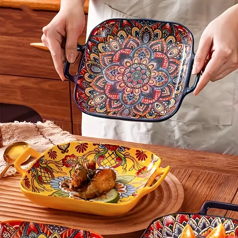 4Pcs 9 Inch Bohemian Double Handle Square Plate, Creative Home Dinner Plate, Internet-famous Fruit & Pasta Plate, Oven Microwave Safe, Perfect Valentine's Day Gift, Square Porcelain Dishes, Decorative Plates