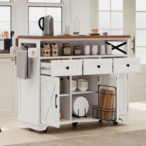 46.5'' Farmhouse Kitchen Island with Drape of Beads, Power Outlet, Rolling Kitchen Cart on Wheels with Drop Leaf, 3 Doors , 3 Drawers and Internal Iron Shelf, for Kitchen, Dining Room, White