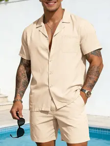 Men's Summer Two-Piece Set, Short Sleeve Button-Up Shirt & Shorts, Casual Beach Vacation, Multi-Color Options, Breathable
