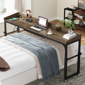 LITTLE TREE Queen Size Height Adjustable Overbed Table with Wheels & Adjustable Tilt Stand for Optimal Viewing, Mobile Laptop Cart with Outlets & USB Ports
