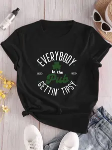 Women'S St. Patrick'S Day T-Shirt, "Everybody in the Pub Gettin' Tipsy" Print, Casual Crew Neck, Short Sleeve, Slight Stretch, Polyester 95% Spandex 5%, Spring/Summer/Fall Top