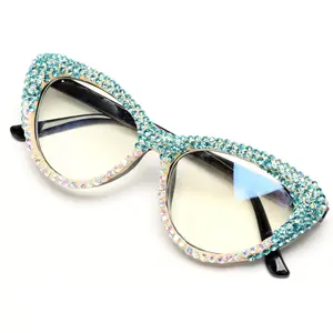 Oprah style Bling Rhinestone Cat Eye Reading Glasses for Women Shiny Diamond Blue Light Blocking Ladies Readers
