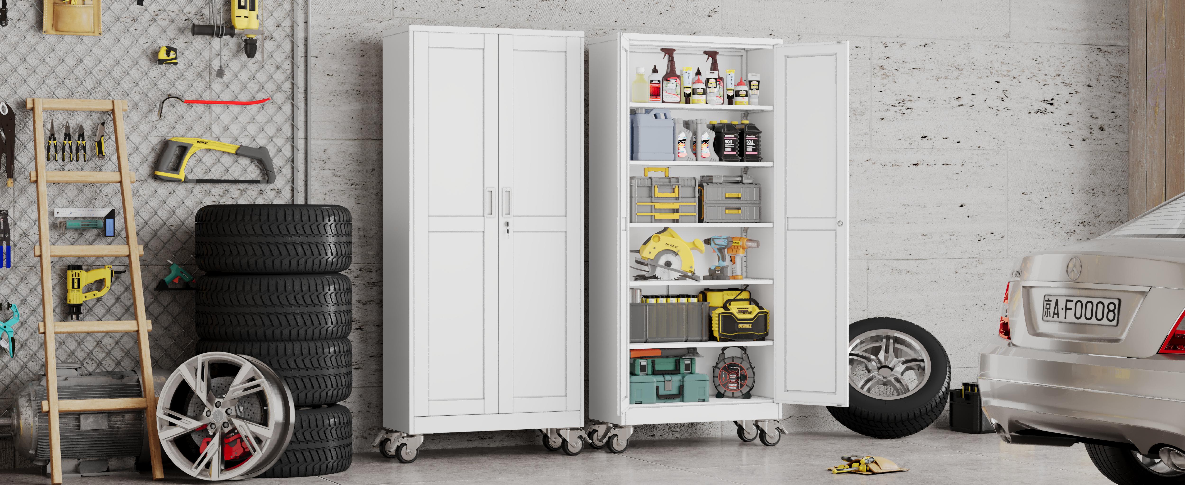 Heavy-Duty Metal Storage Cabinet with Wheels, 2-Door Steel File Cabinet with 5 Adjustable Shelves for Garage, Home Office & Warehouse