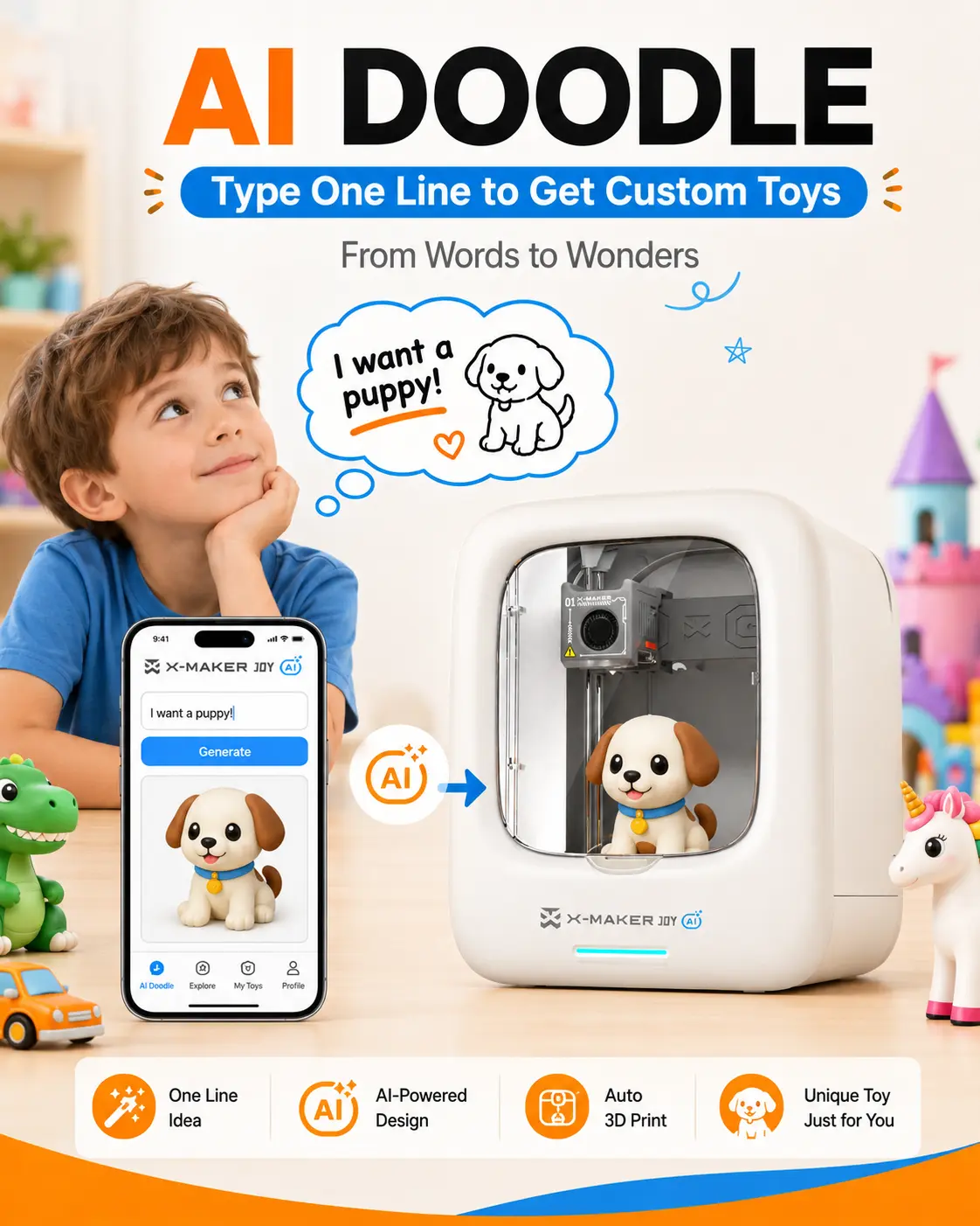 X-MAKER JOY AI+ 3D Printer for Kids, Fully Assembled Easy-to-Use High-Speed 3D Printer, 4/8 PLA Filaments, 8000+ Models, 20+ Toy Design Apps & 17+ Family Modules, Back to School Gift