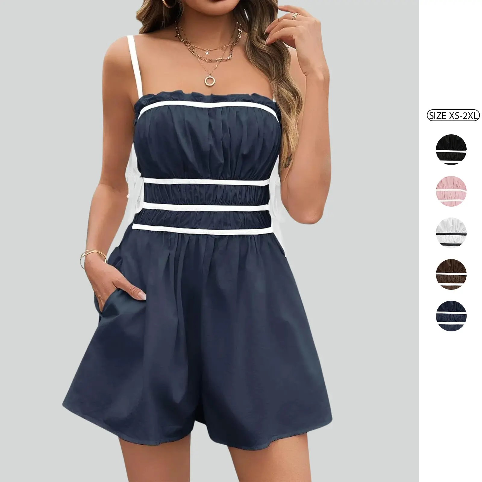 Imily Bela Womens Summer Spaghetti Strap Romper Sleeveless Ruffle Color Block Short Jumpsuit Smocked Vacation Beach Outfits