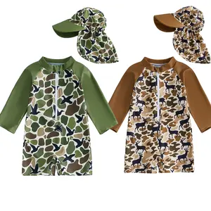 Toddler Baby Boy Rash Guard Swimsuit with Hat 2 Pcs 2026 New Camouflage Print Long-Sleeved  Swimsuit Set Camouflage Half Zip Up Long Sleeve Swimwears