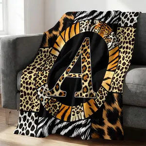 Leopard Tiger Print Monogram A- Z Flannel Blanket, Black Brown Patchwork Wild Animal Skin Throw Blanket,Soft Warm Blanket for Couch Bed Sofa, Gift Blanket for Women Men Adults Home Office Travel, All Season