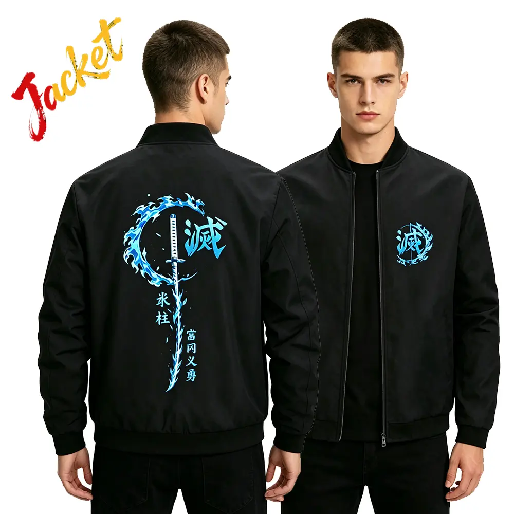 Demon Slayer Water Hashira Tomioka Giyuu Water Wave Nichirin Sword Anime Printed Black Stand Collar Zipper Baseball Jacket Loose Fit Versatile Daily Sports Commuting Casual Outerwear