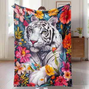 Spring Floral Throw Blanket Vintage Floral Tiger Blanket Soft and Comfortable Flannel Wool Animal Print Bed Blanket Suitable for Bedding, Sofa, and Travel 50inch * 60inch