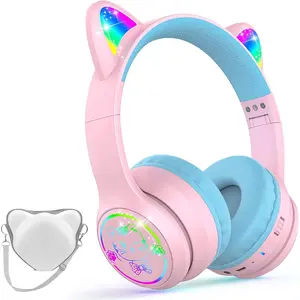 FCCO Kds Wrlss Hadphons wth Cas,Cut LD Lght Up  ar Chldrn Grls Blutooth 6.0 Hadphons Volum-lmtng for School Pad Tablt Gfts
