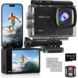 4K 60FPS Action Camera with 64GB Card-48MP  Camera,40M Underwater Camera,8X Zoom,EIS Stabilization,WiFi,Remote Control,MotorcycleCamera with 2 Rechargeable