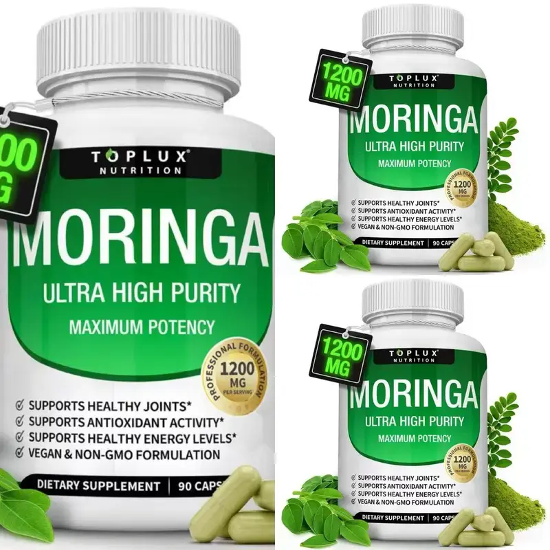 （Flash Sale 3 bottles）Toplux Nutrition Moringa Capsules 1200mg, Pure Organic Moringa Leaf Powder Supplement, Supports Immune System & Digestive Gut Health, Non-GMO, 90 Vegetarian Capsules Dietary Edible Fitness Natural Vitamins