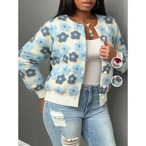 Women’s floral jacquard fitted coat with front button closure, casual long sleeves and round neck outerwear for daily wear, ladies’ clothing suitable for all seasons