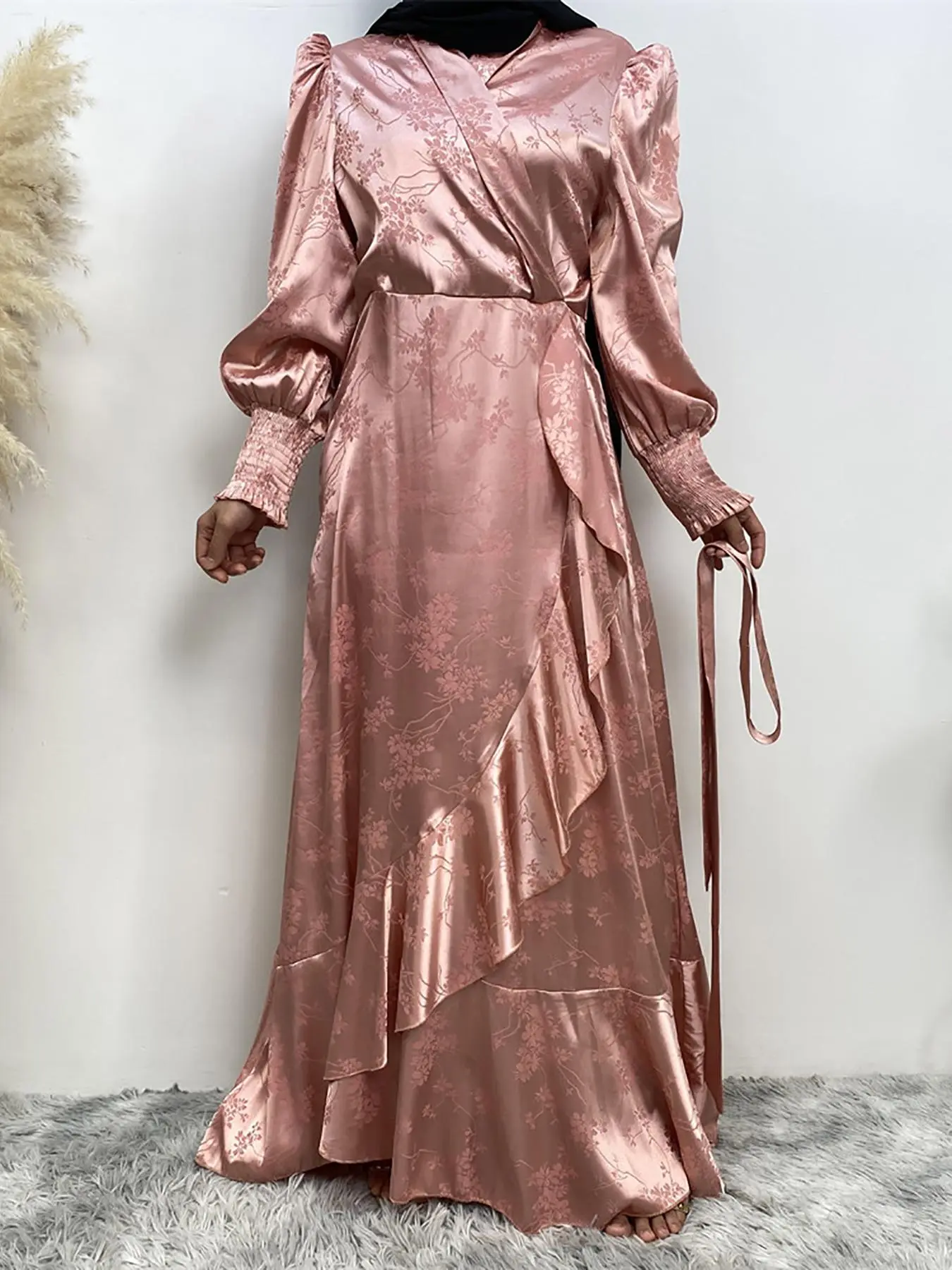 Women's Floral Jacquard Shirred Ruffle Trim Wrap Satin Dress, Modest Style Dress Bishop Sleeve V Neck A Line Dress for Party Holiday Wedding Guest, Women's Islamic Clothing