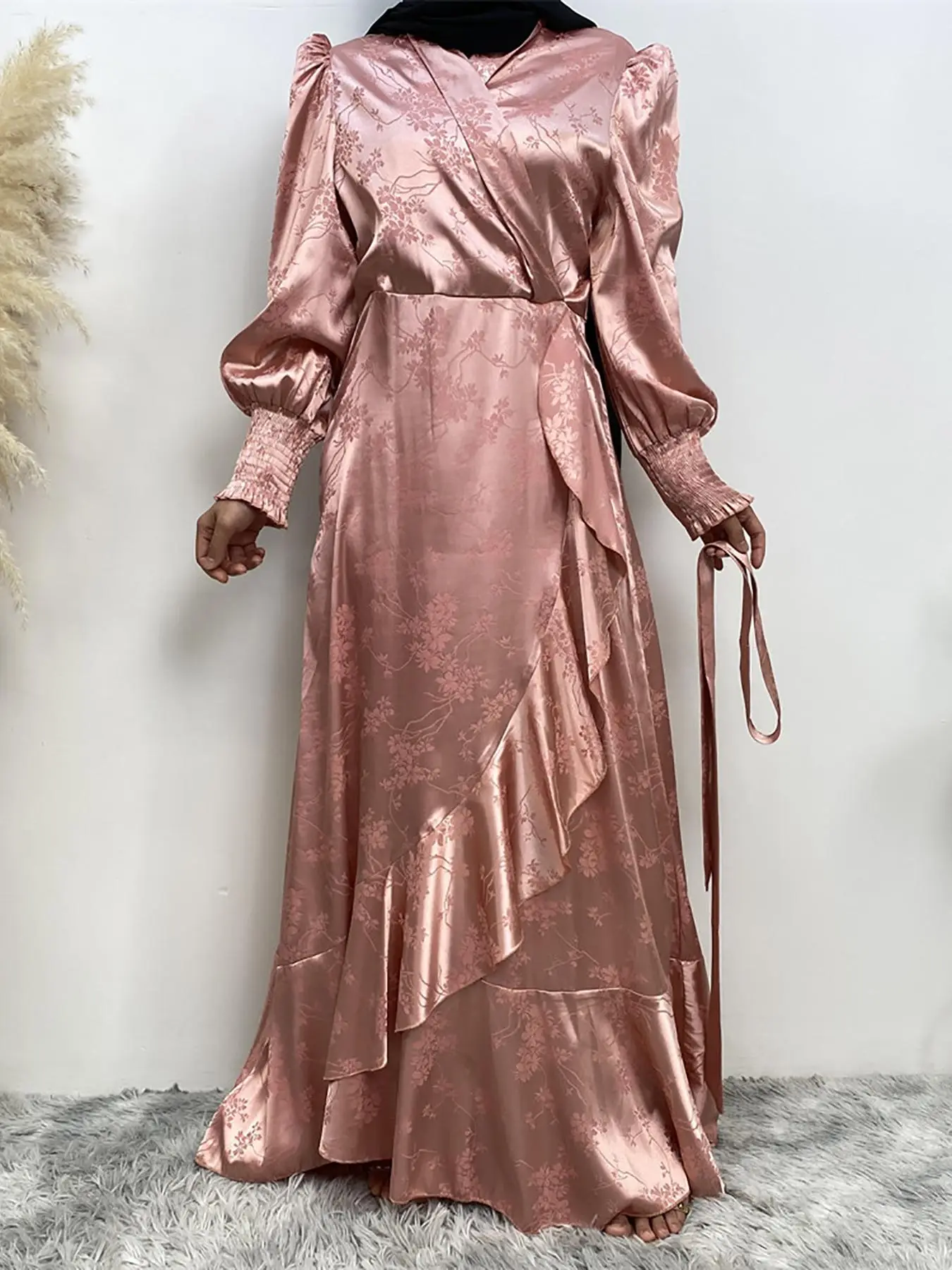 Women's Floral Jacquard Shirred Ruffle Trim Wrap Satin Dress, Modest Bishop Sleeve V Neck A Line Dress for Party Holiday Wedding Guest, Women's Islami