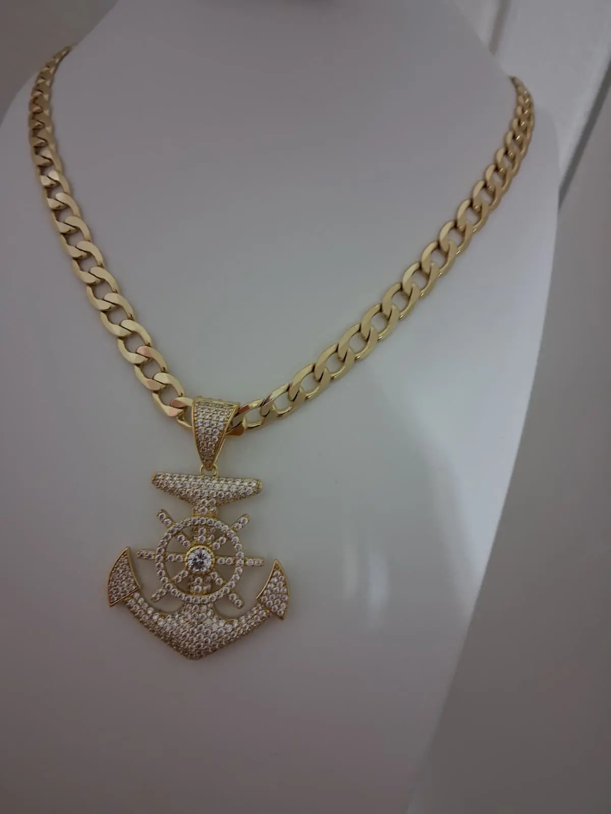 14K Gold Plated Cuban Chain 8mm (22”) with Iced Anchor Pendant