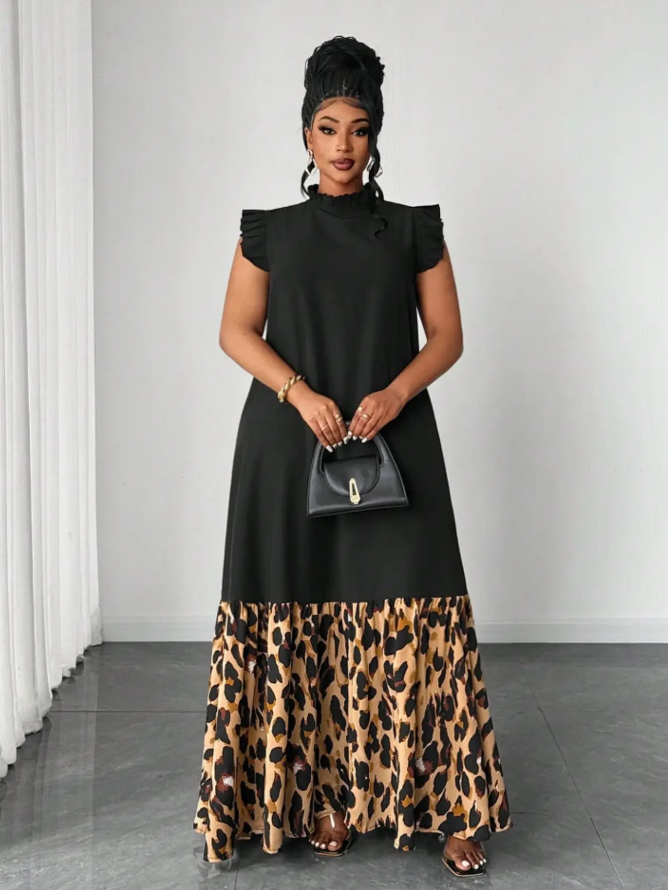 Plus Size Women Elegant Vintage Commuter Frill Trim Leopard Print Patchwork Dress