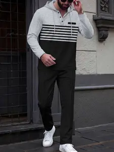 Men's Casual Hoodie Striped Long Sleeve Pants Set, Comfortable Breathable Waffle Fabric, Summer Daily, Two-Piece Suit