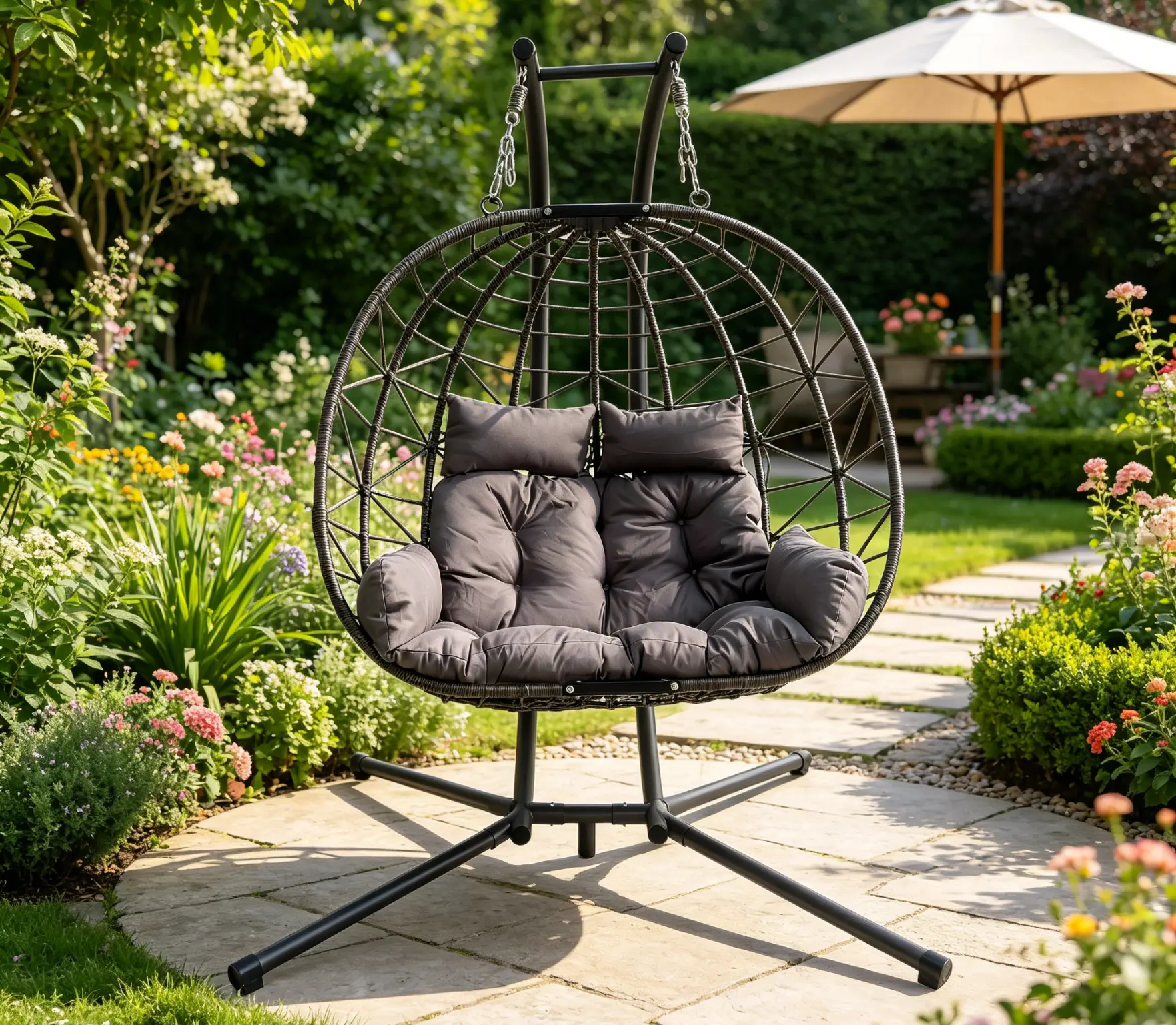 Double Hanging Egg Chair with Stand, Cushioned Swing Loveseat for Indoor Outdoor Patio Garden Balcony Bedroom