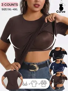 Plus Size Women's Soft Comfortable Fixed Padding Short Sleeve,Crewneck,Bra Tank Top, Breathable Inner Layer, Built in bra T-Shirts,Casual Fitted Design,Elastic Knit for Daily Wear, Everyday, Suitable for All Seasons