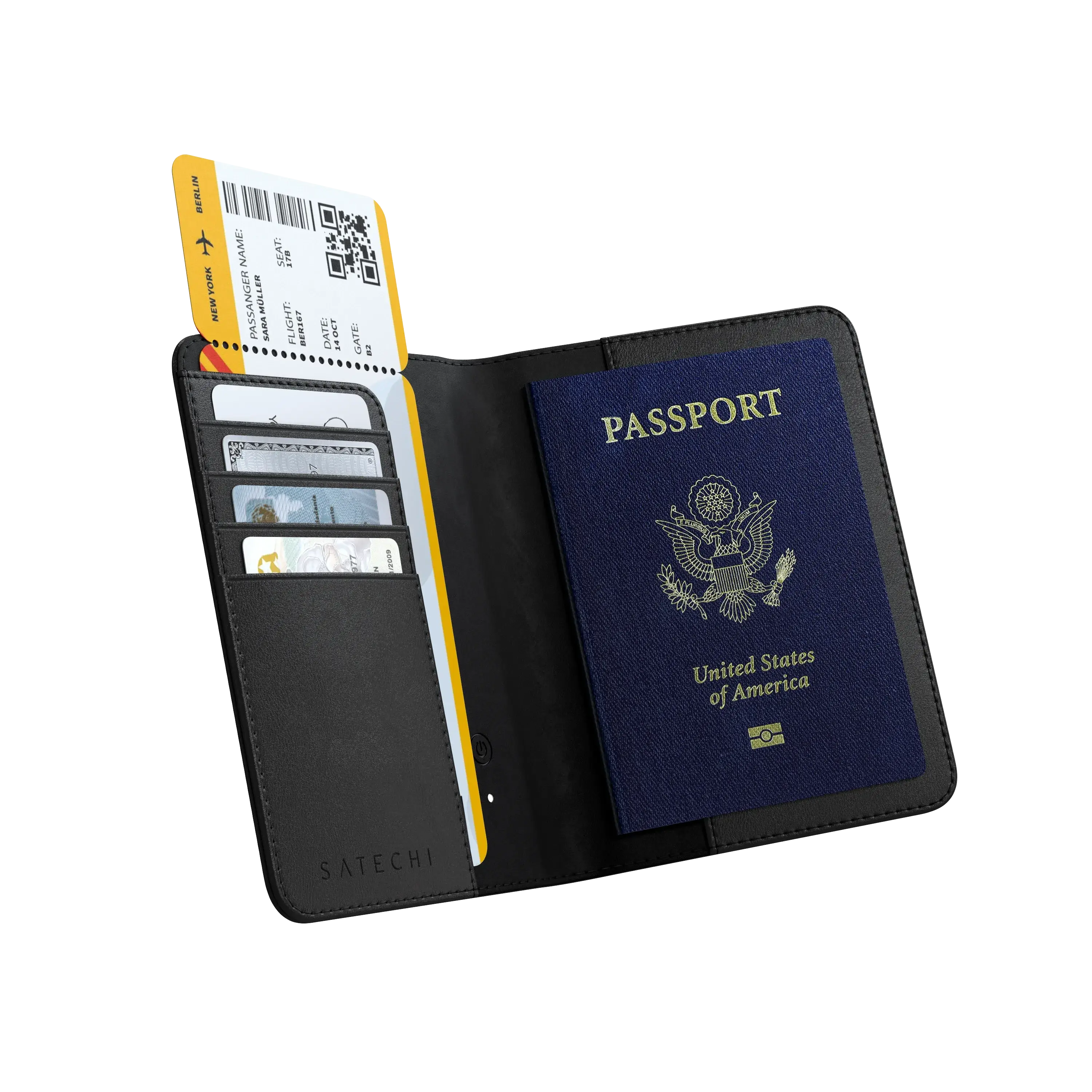 Satechi Vegan-Leather FindAll Passport Cover with Apple Find My - RFID Blocking, Wireless Charging, 4 Card Slots, Bluetooth Tracker Security, TSA-Friendly, Airport Tracking