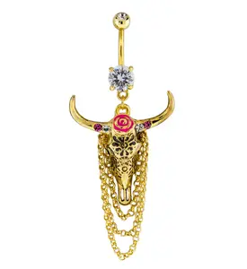 Gold PVD Floral Longhorn Skull Dangle Chain Belly Button Ring