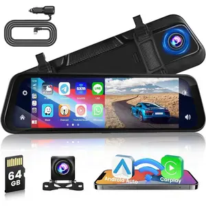 Wireless Carplay Mirror Dash Cam Wireless Android Auto, 9.66 Inch IPS Touchscreen Front Rear View Mirror Camera Carplay for Cars Trucks with 64G Card/Voice Control(Can be attached to the original rear view mirror)