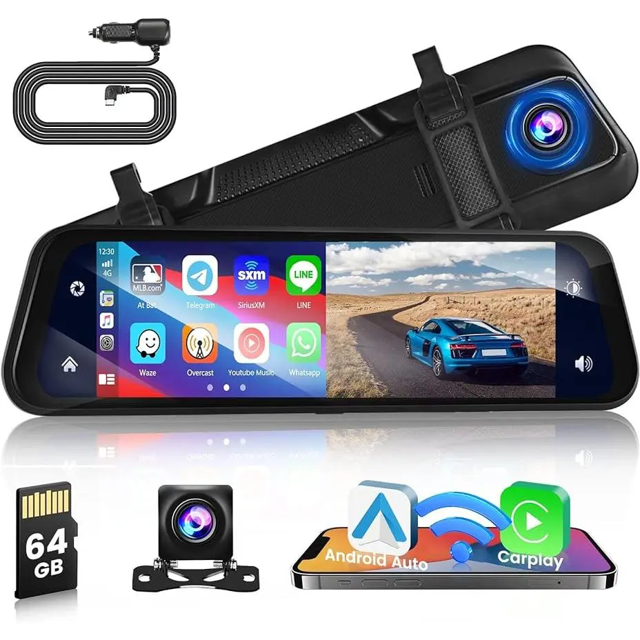 RIMOODY 9.66-Inch IPS Touchscreen Wireless Carplay & Android Auto Vehicle Mirror Dash Cam - Front Camera with 64G Card, Voice Control, Attachable to Original Rear View Mirror, Vehicle Accessories, Dashcam Car Cameras (Father's Day Gift)