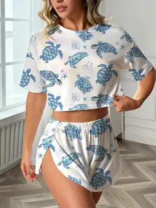Women's 2-Piece Pajama Set, Casual Ocean Turtle Print, Loose-Fit Short Sleeve Top and Shorts, Summer Sleepwear Loungewear, Comfortable and Stylish Pjs