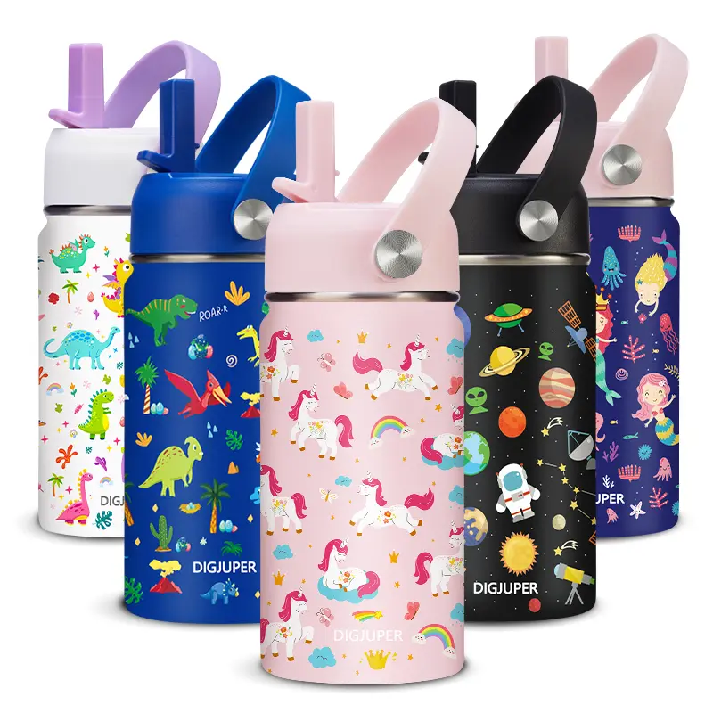 12 oz Insulated Kids Water Bottle - Leak-proof Stainless Steel Bottled Flask, Portable Toddler Tumbler with Straw, Protective Cup Mat, Blue Construction Car Design for Boys & Girls Travel Mug