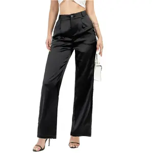 Women's Satin Silky Wide Leg Pants Party Nightout Wedding Guest Outfit Loose Dressy Casual Work Business Club Sparkle Metallic Shiny High Waisted Long Pants Flowy Silver Gold Chic Pants Trousers