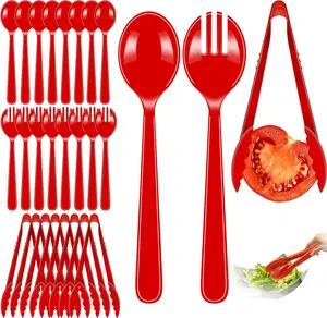 24 Pcs Red Plastic Serving Utensils Set - Heavy Duty Disposable Serving Spoons, Forks & Tongs (8 of Each) - Vibrant Party Catering Supplies for Birthdays, BBQ, Graduation & Family Gatherings (9Inch)