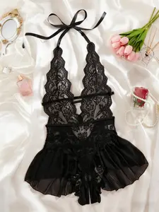 Women's Deep V Neck Strapless Bodysuit Nightdress, Stretchy Bodysuits, Soft Stretch Lace Floral Patchwork Teddy Lingerie, Halter Neck with Tie, Breathable Comfort All Seasons, Lingerie Lightweight Soft Sleepwear for Relaxation & Gifting